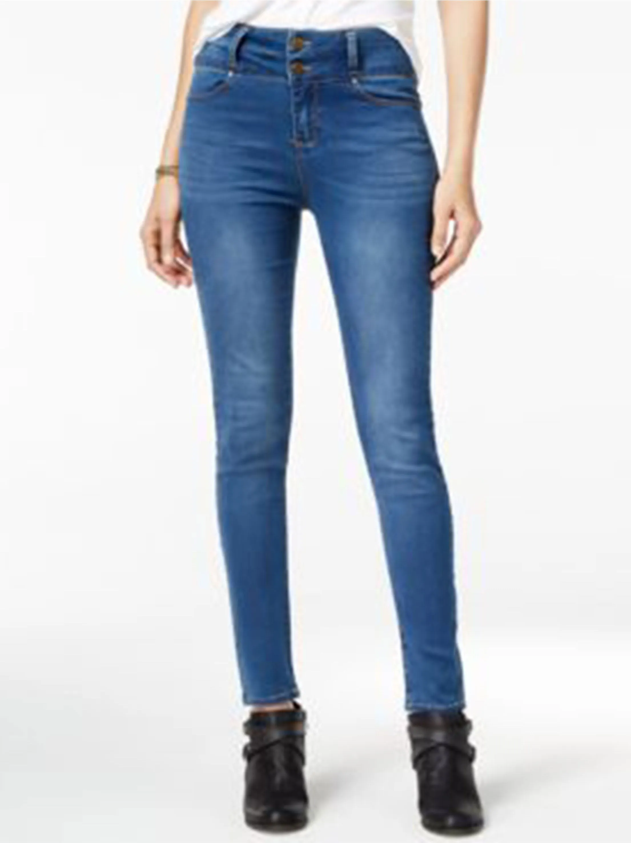 Women's 2 button High waist Skinny Jeans,Blue Double Layered Knees
