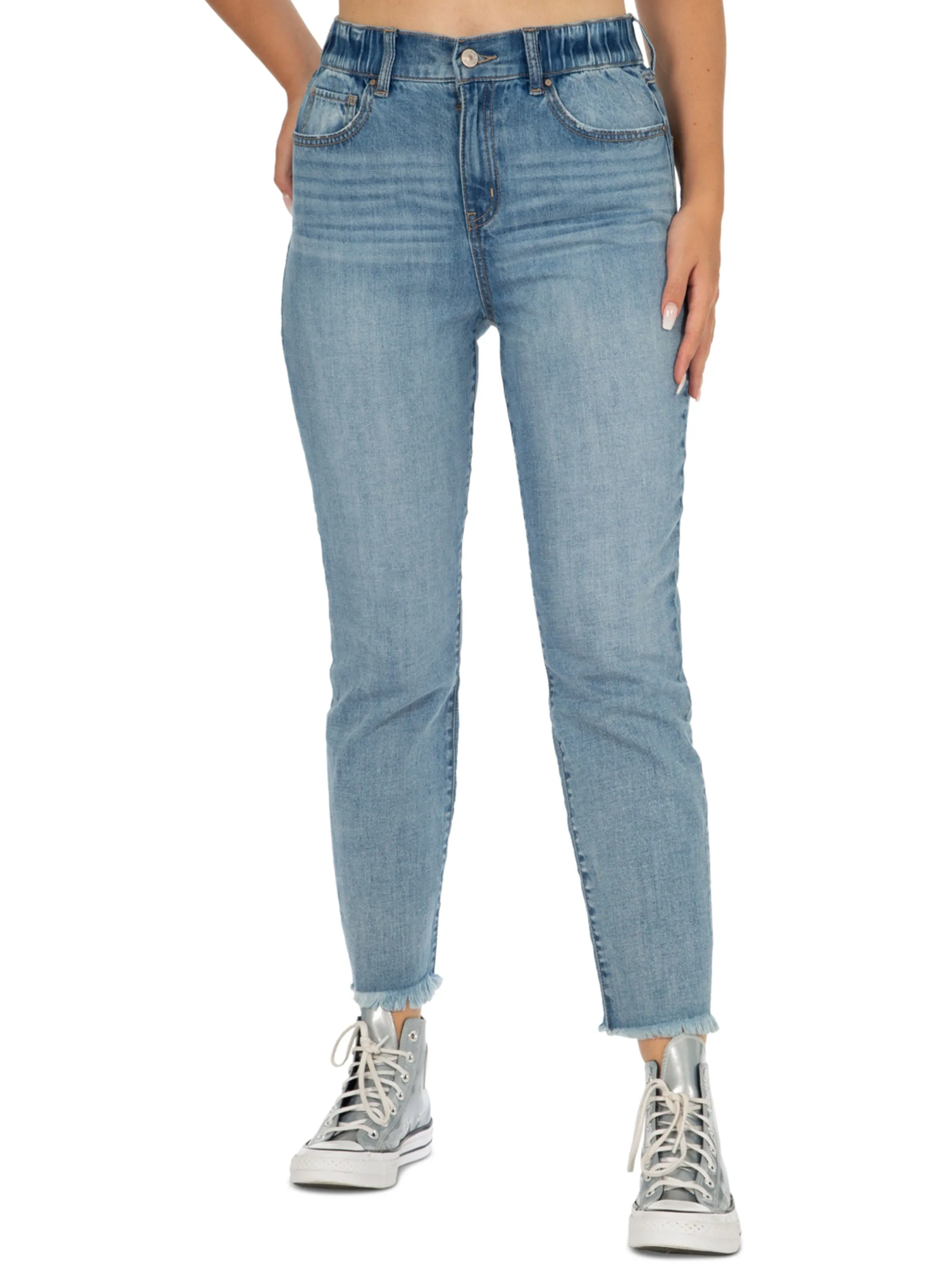 Women's Washed Frayed Mom Jeans,Blue Outfit Base Classic Cut
