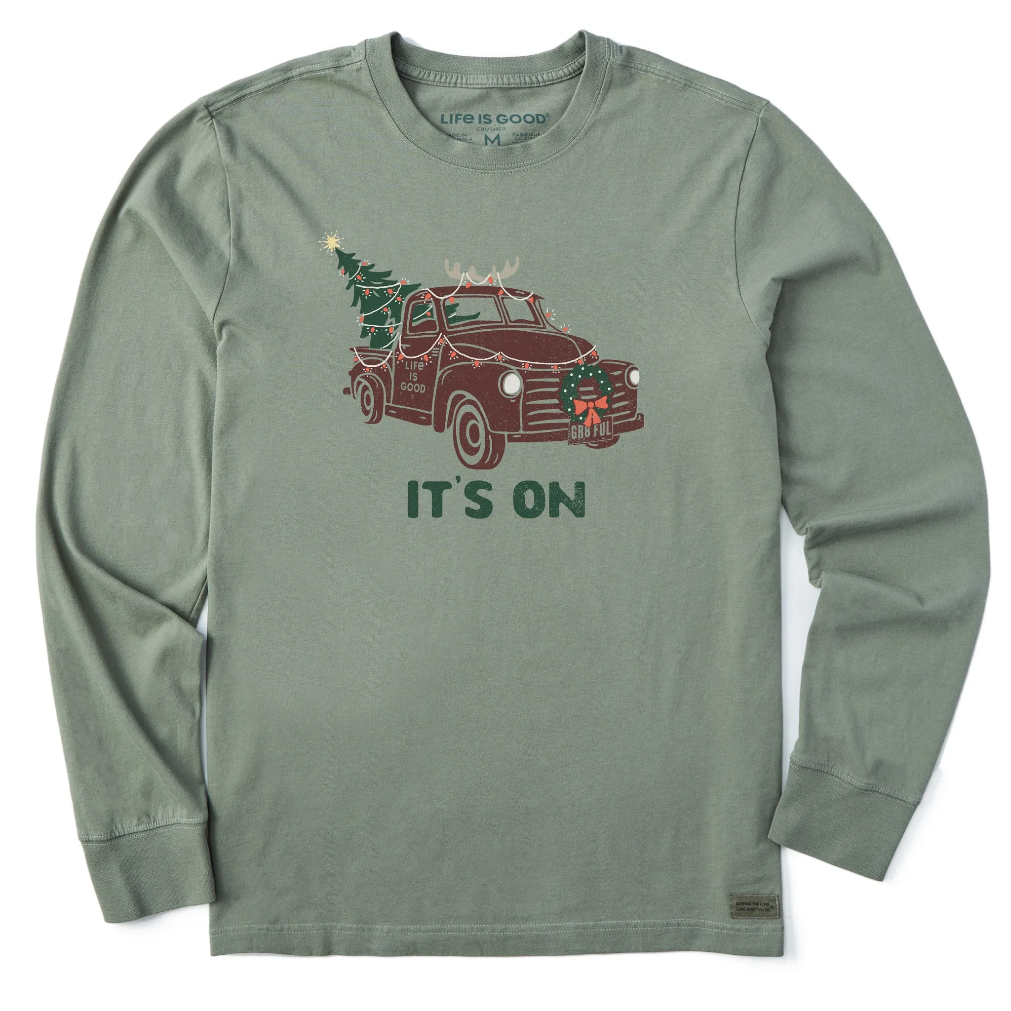 Men's It's On Christmas Truck Long Sleeve Crusher Tee Oversized Cut Minimal Comfort Style