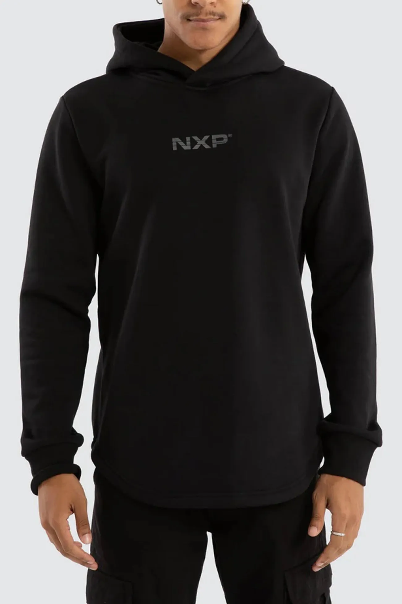 Comfortable Wear ethnic print Black Line Dual Curved Hoodie Jet Black