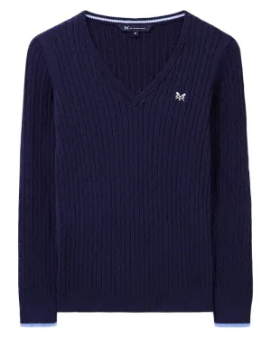 NonRestrictive Cuff Reinforced Seams Crew Clothing Womens Heritage Cable V Neck Jumper