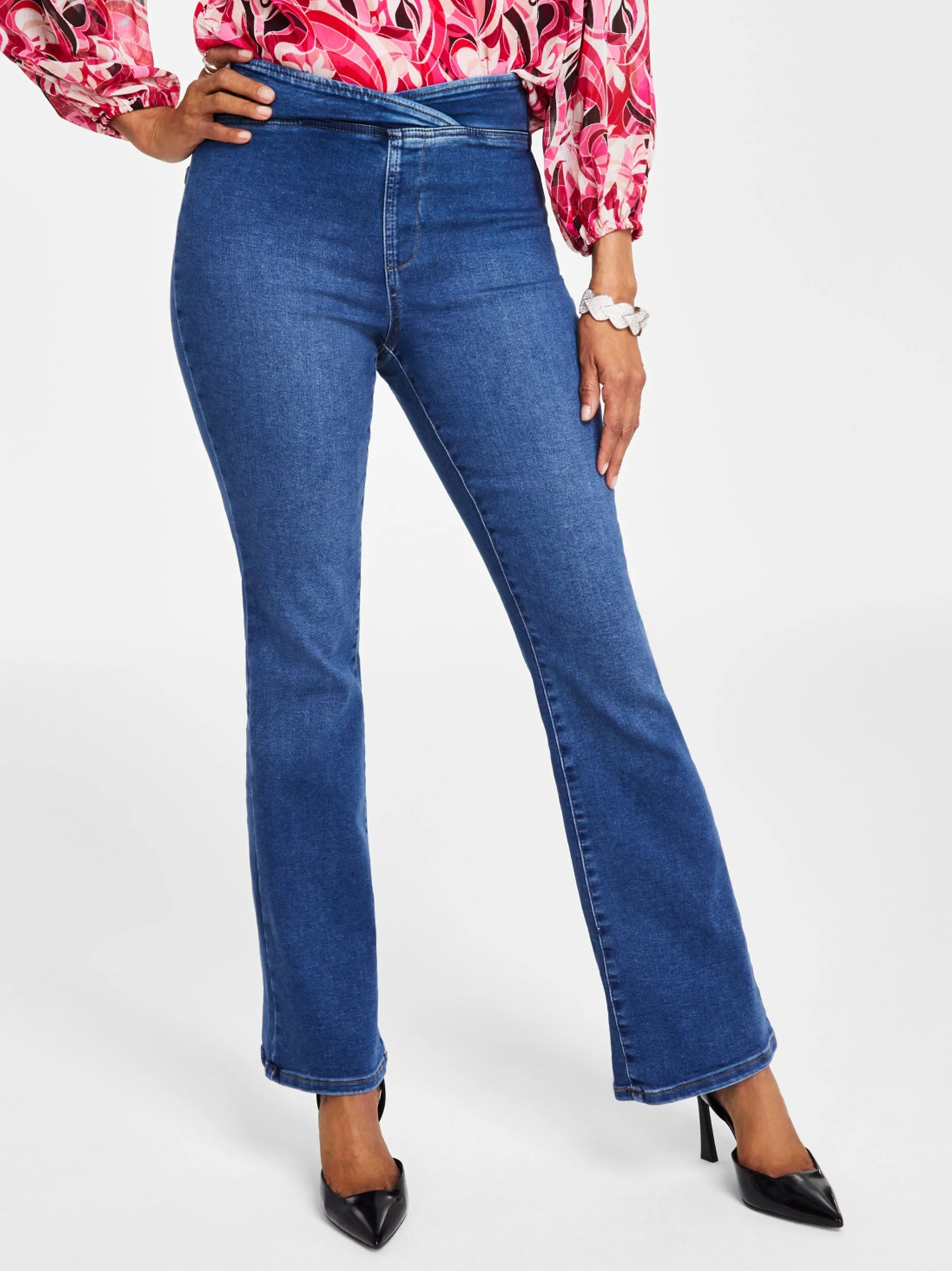 Women's High Rise Asymmetrical Waist Bootcut Jeans,Blue All Fit Use