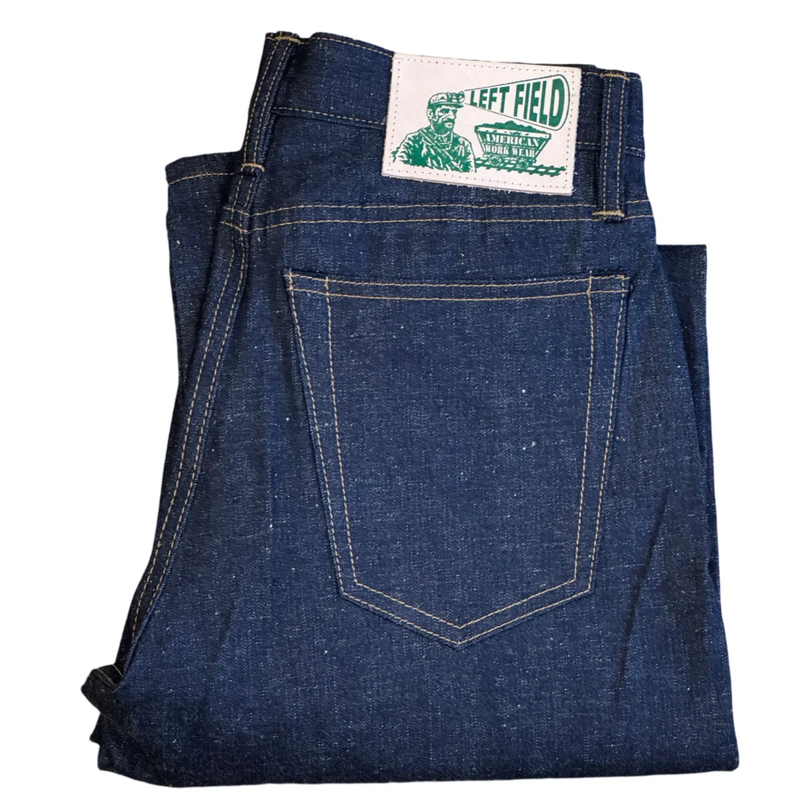 Classic Five Pocket Smokestack Japanese "Jelt" nep denim with custom green selvedge