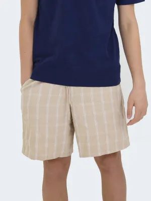 Handmade Men's Plaid Pull On Short,Beige