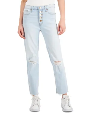 Comfortable Waistband Women's Ripped Button-Fly Jeans,Ligh Blue
