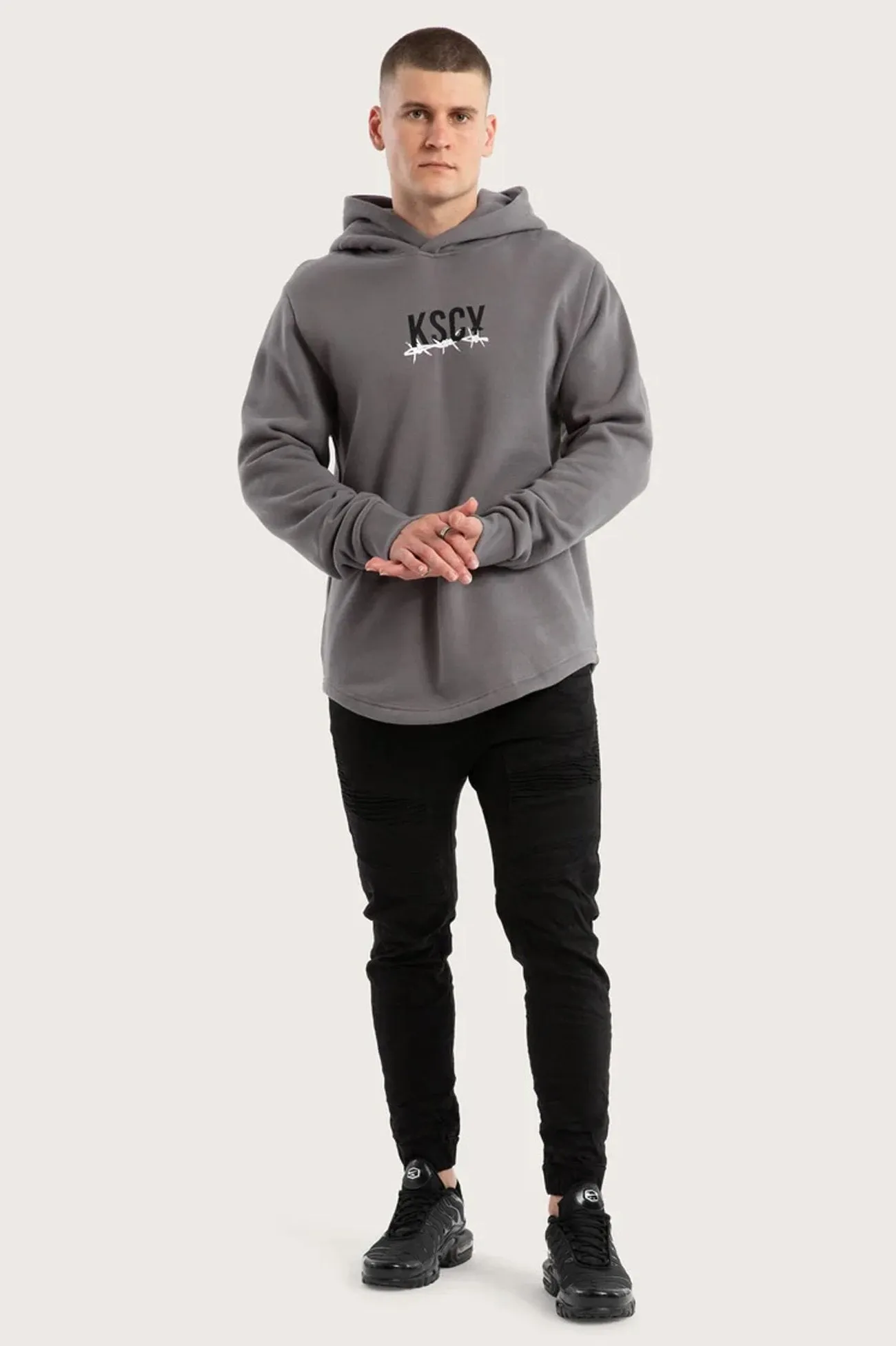 Diluted Dual Curved Hoodie Charcoal comfortable for standing