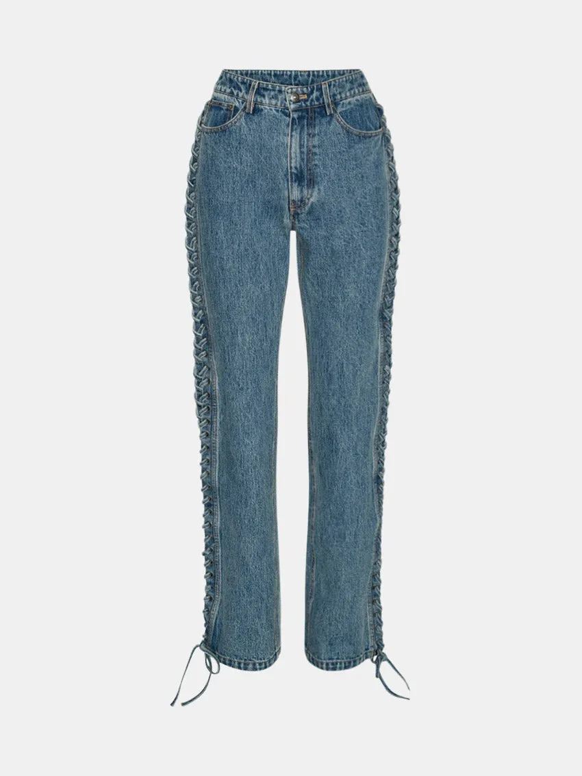 Laced Straight Leg Jeans Vintage Blue Rainy Day Brunch Outfit