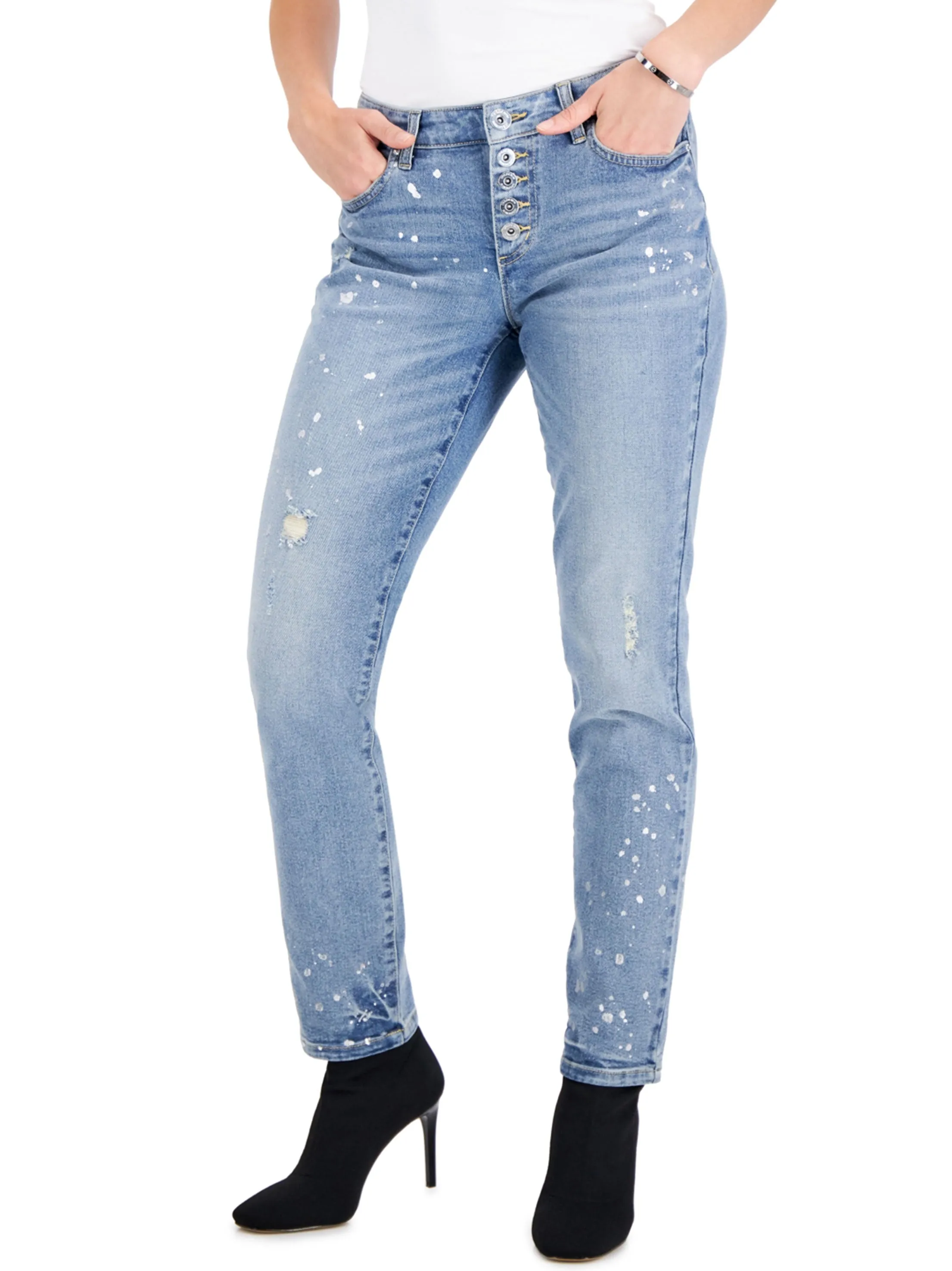 Women's Paint Splatter Washed Jeans,Blue Street Fashion Parent Style