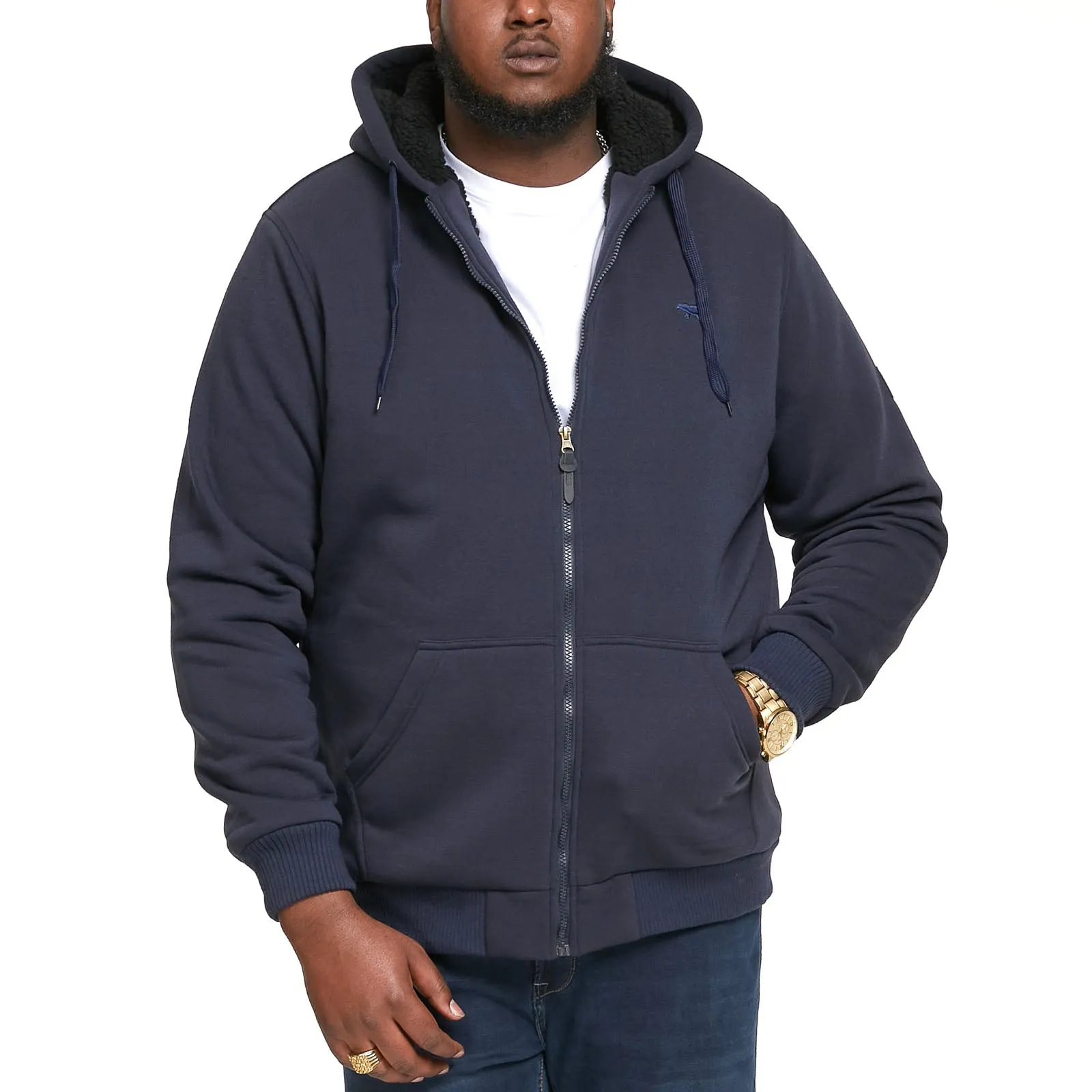 Removable D555 Mens Joshua Big & Tall Sherpa Lined Full Zip Hoody - Navy