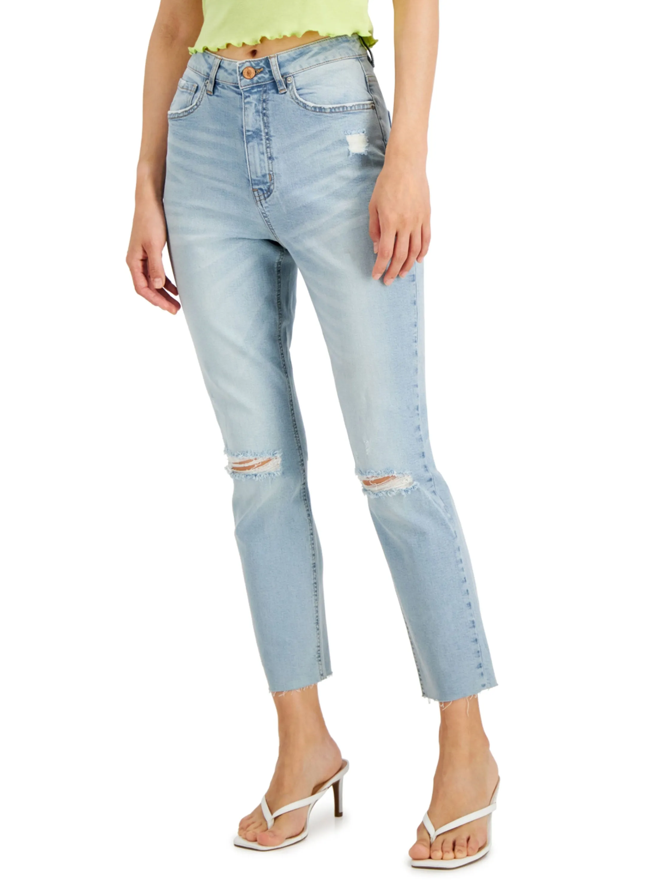 Spring Mood Bold Perfect Length Design Women's Ripped Washed Mom Jeans,Light Blue