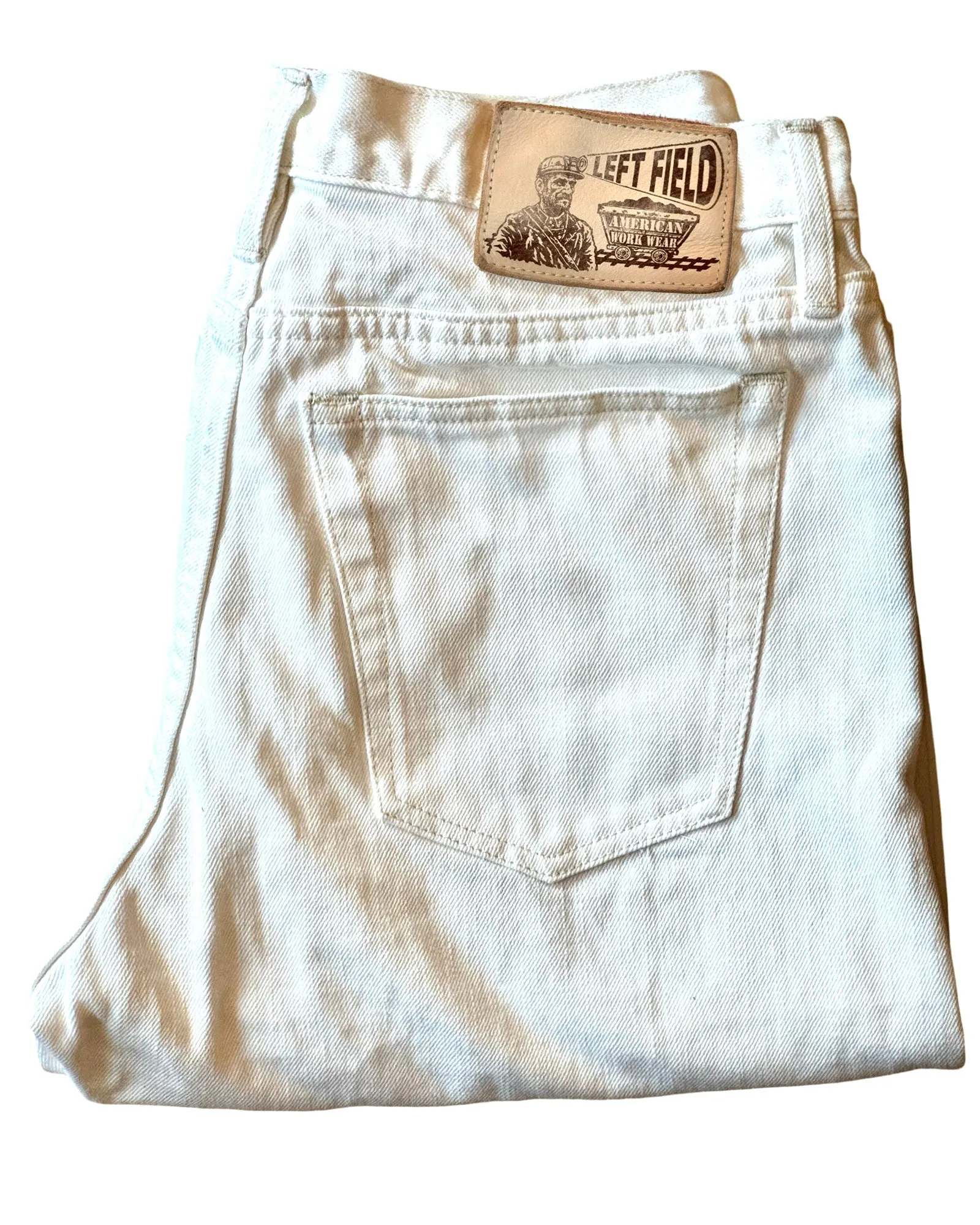 Greaser 12 oz Japanese Kurabo washed White Denim w/ red selvedge  - Please Advise denim might come with some leather patch stains on denim Night Out Rainy Day