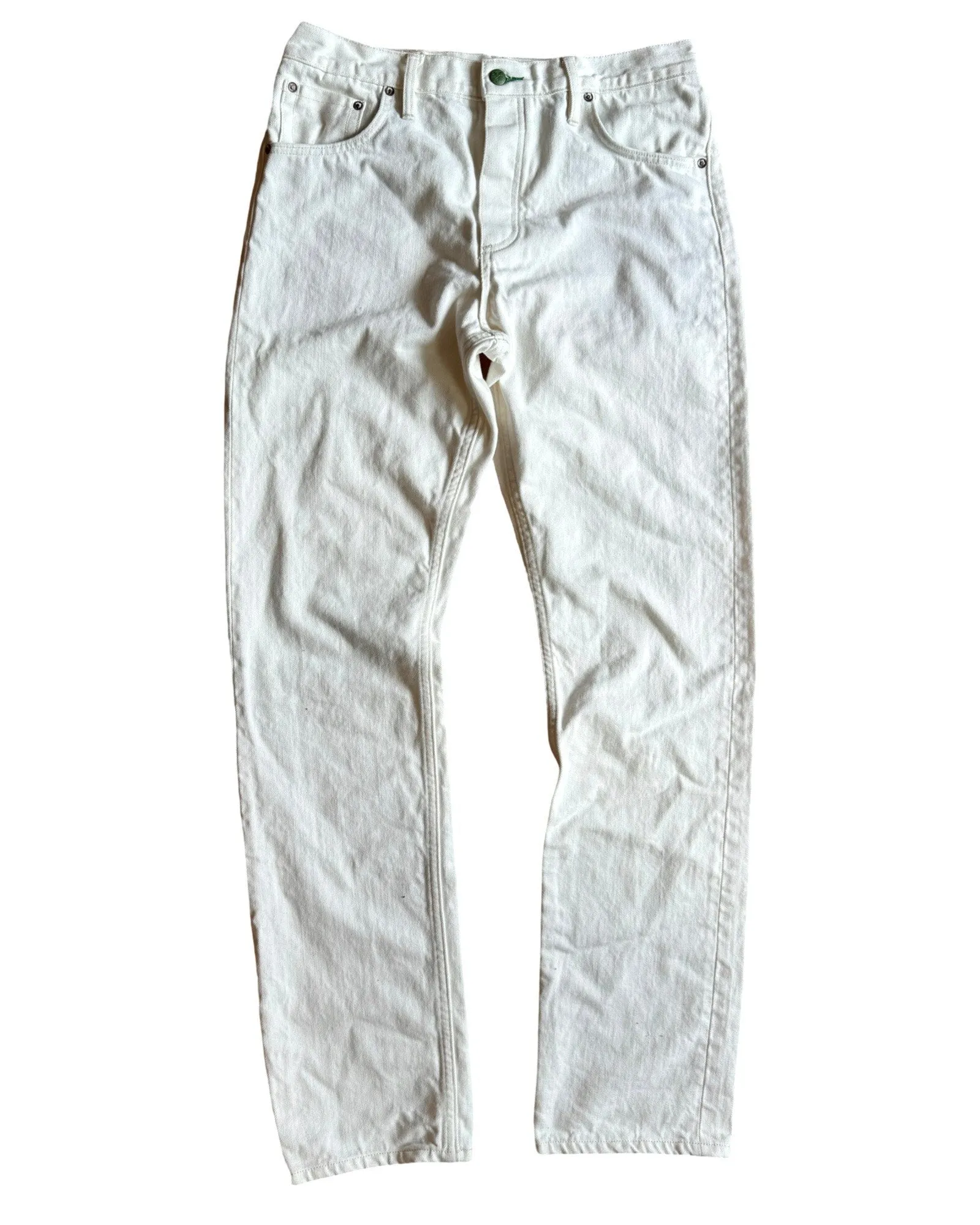 Greaser 12 oz Japanese Kurabo washed White Denim w/ red selvedge  - Please Advise denim might come with some leather patch stains on denim Evening Stroll Comfy Neutral Fit Piece