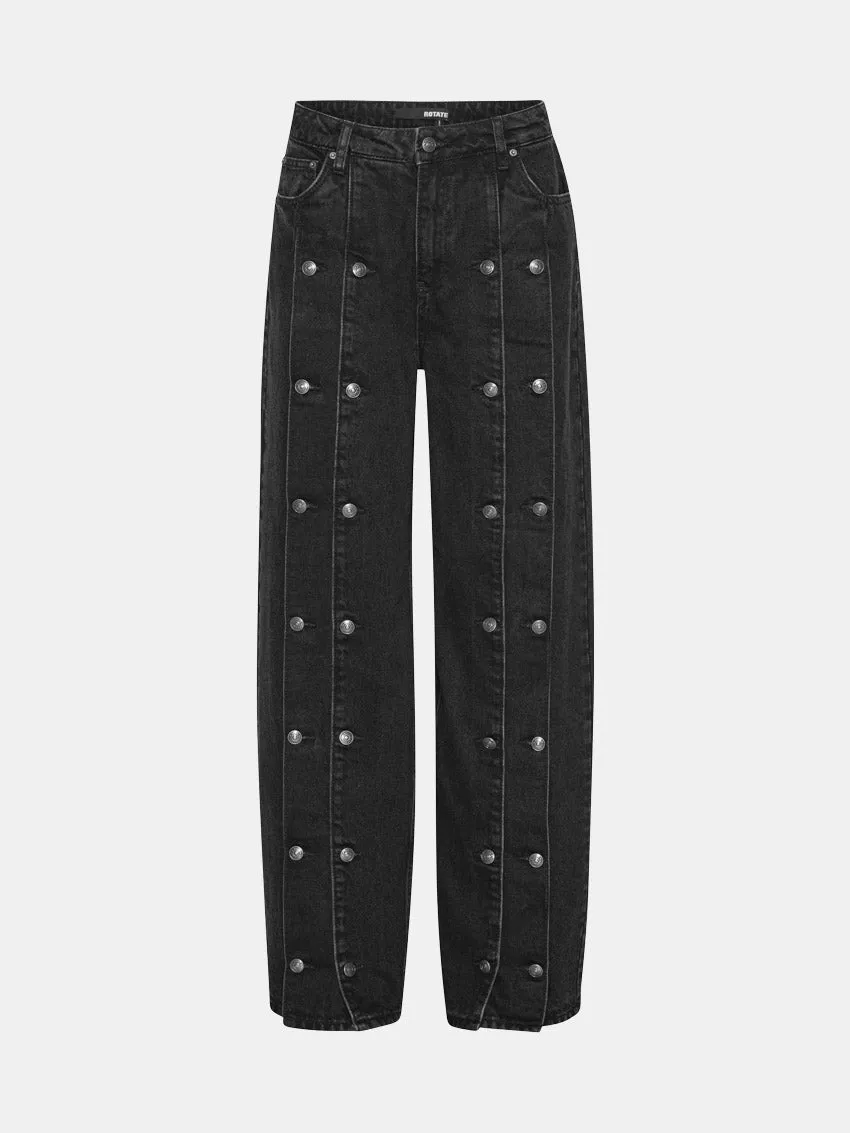 Button Detail Wide Jeans Black Denim Traveler Gear Winter Warmth Smooth Weekender Wear