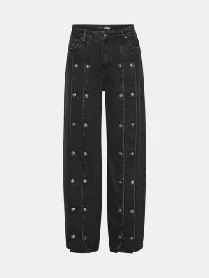 Button Detail Wide Jeans Black Denim Tagless Design