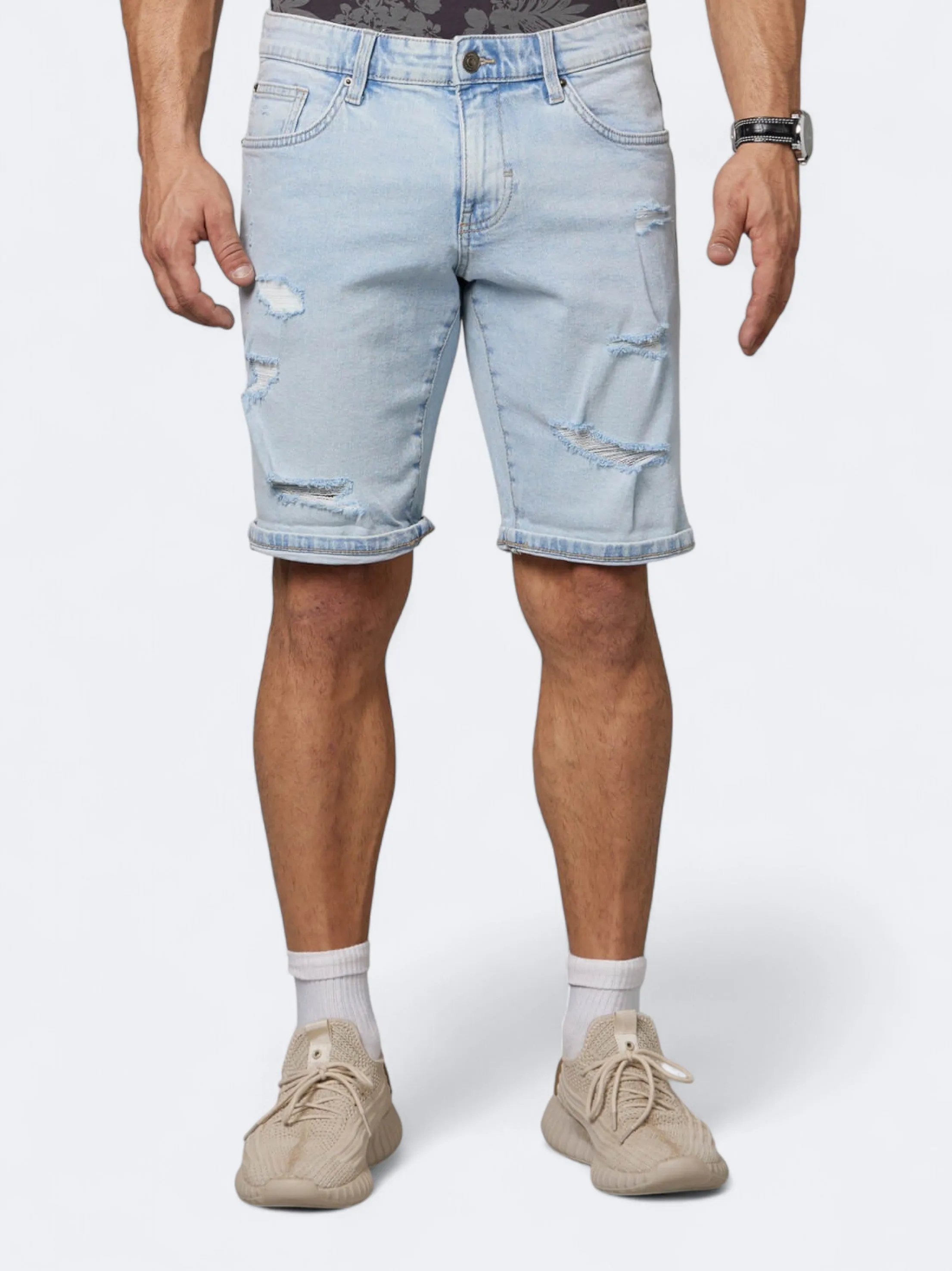 Quick Layer Men's Ripped Denim Shorts,Light Blue