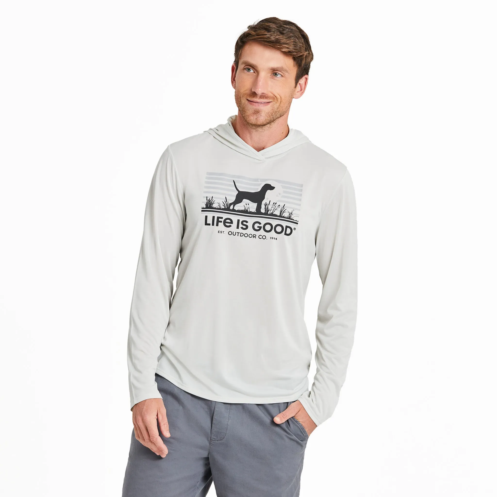 Men's Life is Good Outdoor Co. Dog Scene Long Sleeve Sun Crusher Hoodie Breezy Comfort
