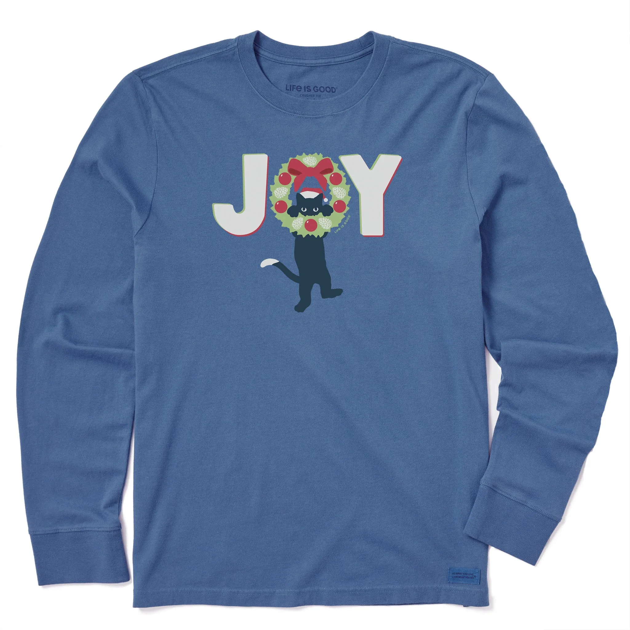 Men's Joy Cat Wreath Long Sleeve Crusher Tee Cozy Wear Design School Uniform