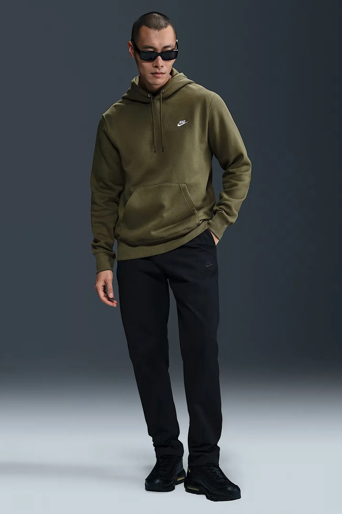 Fashion Fit Sports Wear Nike Club BB Pullover Fleece Hoodie Medium Olive White