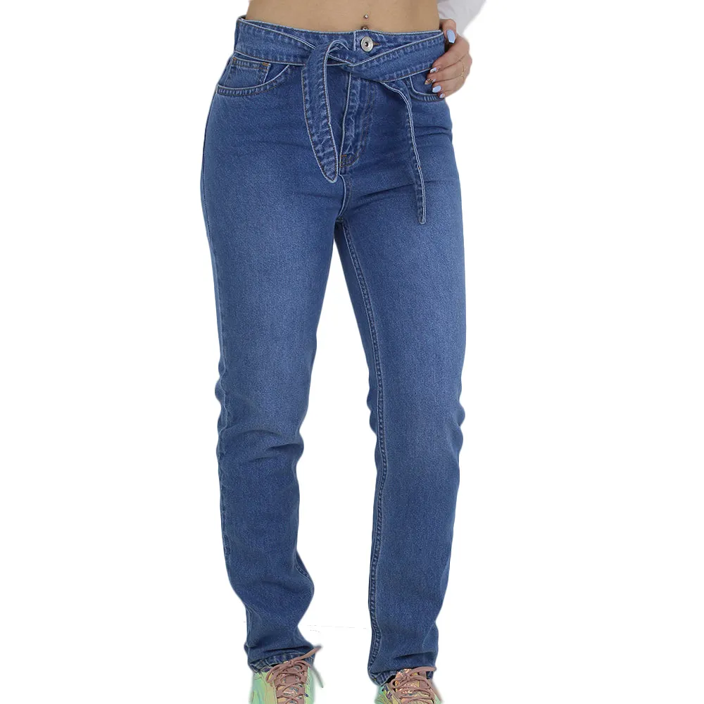 Affordable Durable Edgy Design Women's Belted Denim Pant,Blue