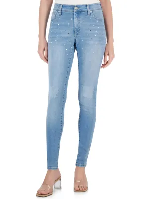 Women's Embellished Washed Jeans,Light Blue Tapered leg Smart Tailoring