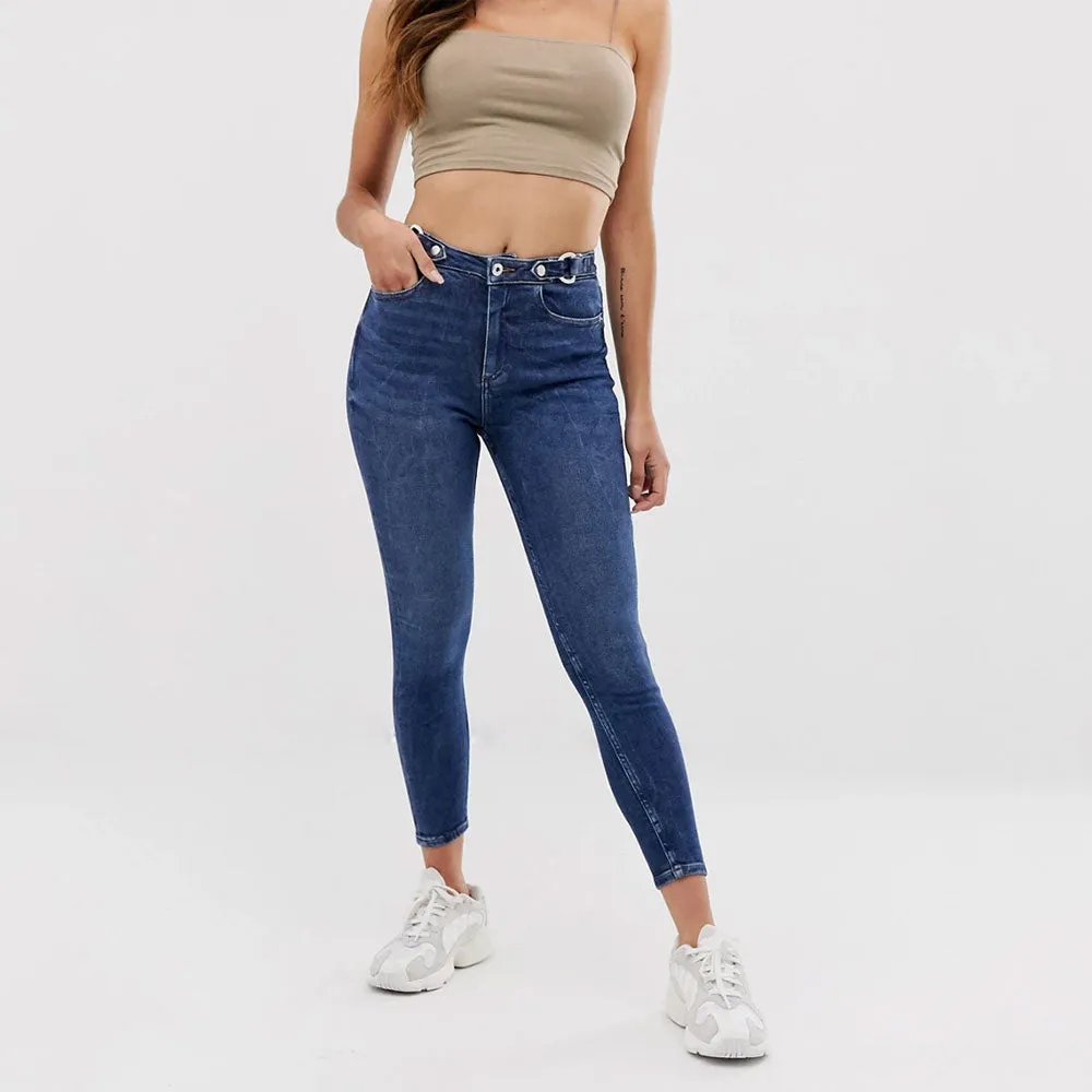 Women's High Waisted Skinny Jeans With Buckle,Dark Blue All Occasion
