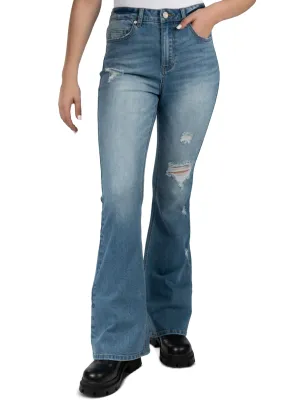 Morning Stroll Professional Wear Brunch Outfit Women's Ripped Washed Flare Jeans,Blue
