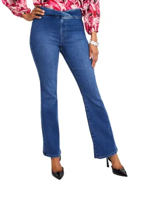 Unfaded Hemline Sleek Waist Women's Washed  Pull On Jeans,Blue